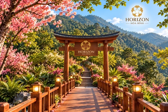 Cổng torii giữa rừng hoa anh đào
